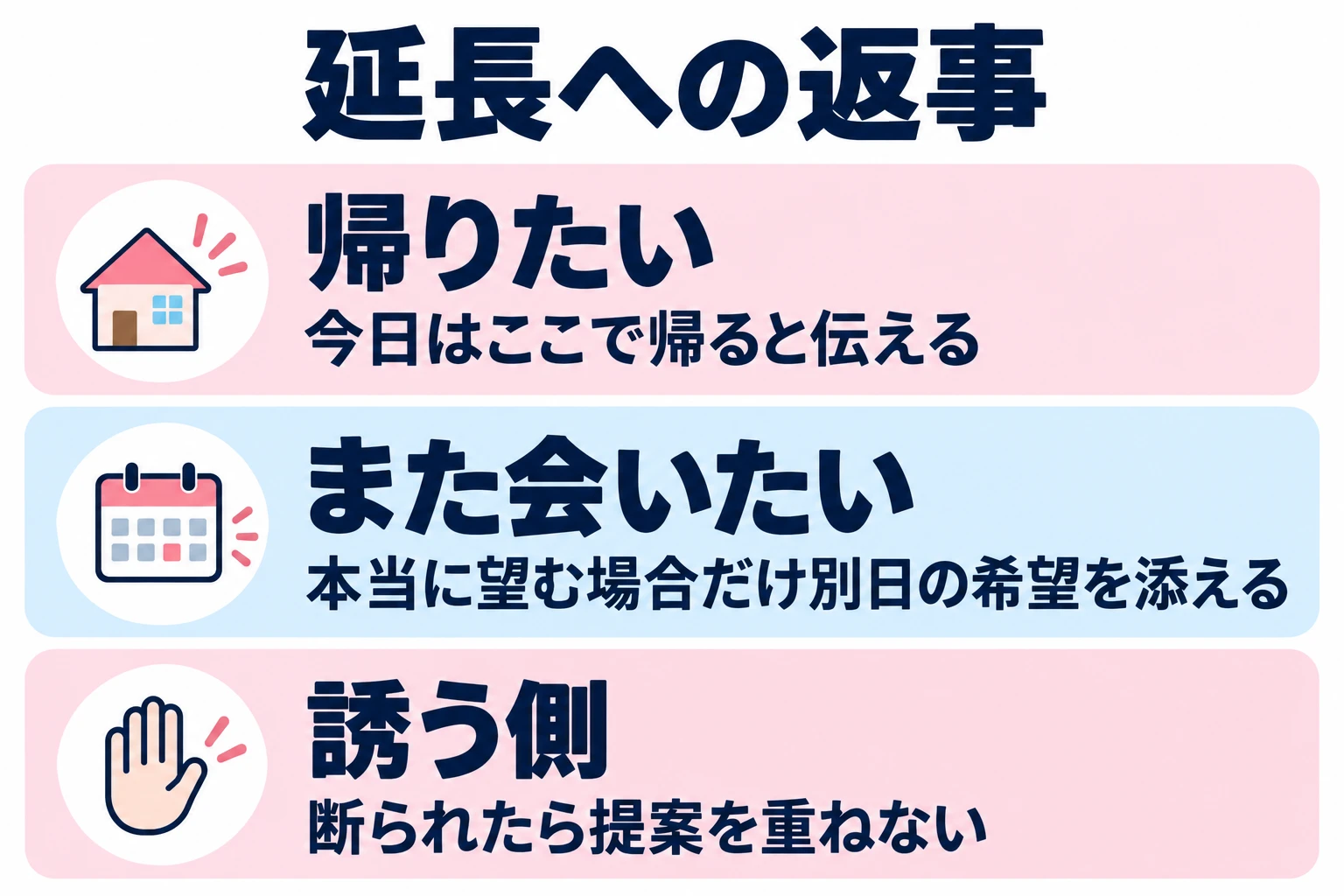 今日はここで帰ると伝える。本当に望む場合だけ別日の希望を添える。断られたら提案を重ねない。