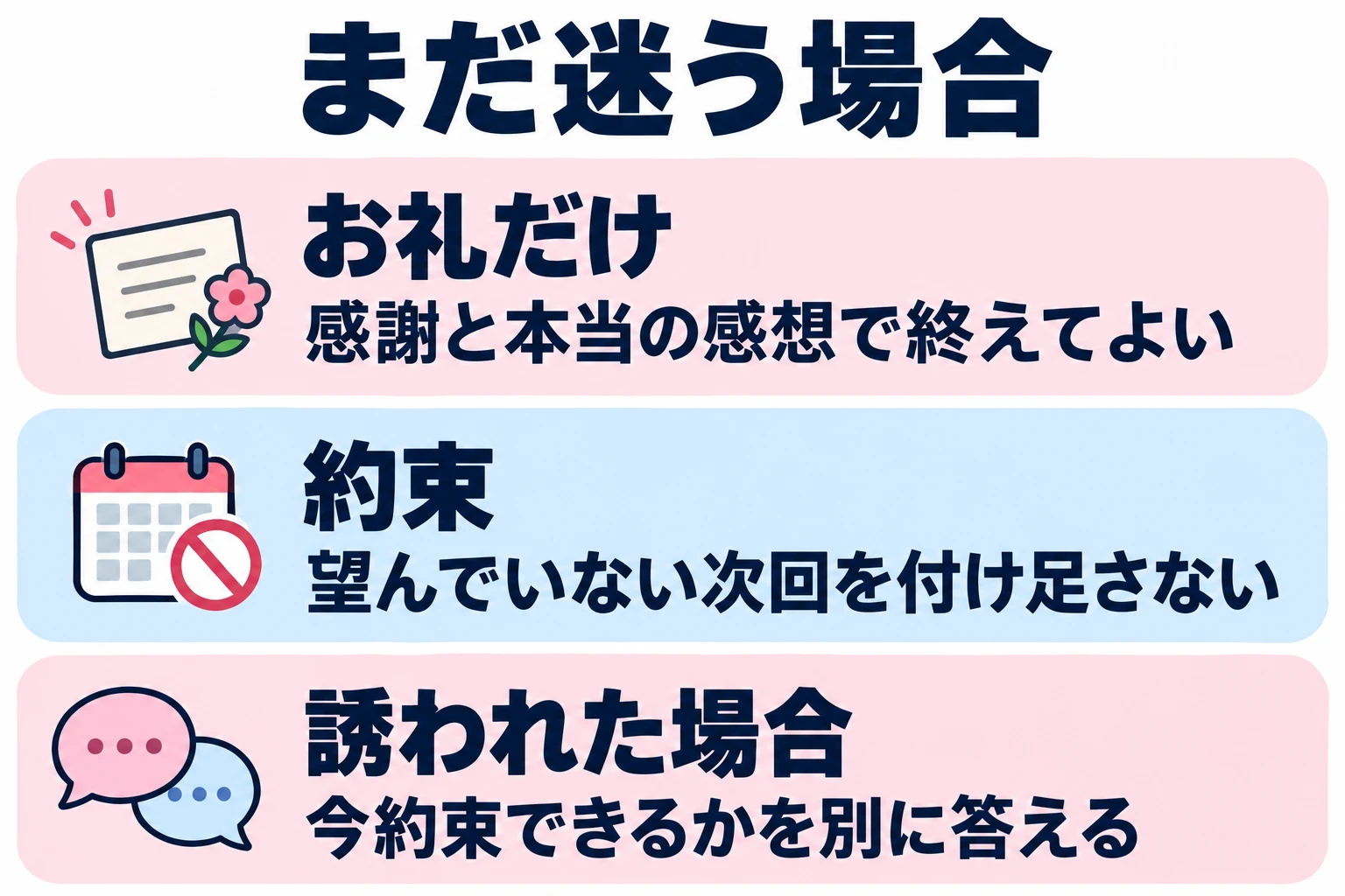 感謝と本当の感想で終えてよい。望んでいない次回を付け足さない。今約束できるかを別に答える。