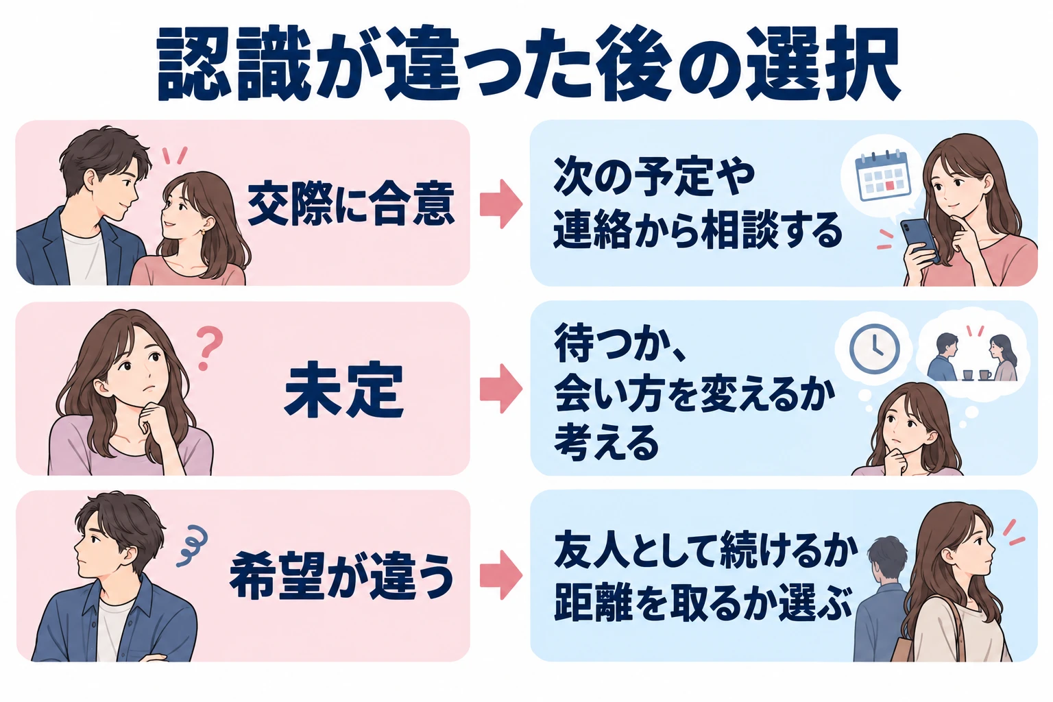 次の予定や連絡から相談する。待つか、会い方を変えるか考える。友人として続けるか距離を取るか選ぶ。