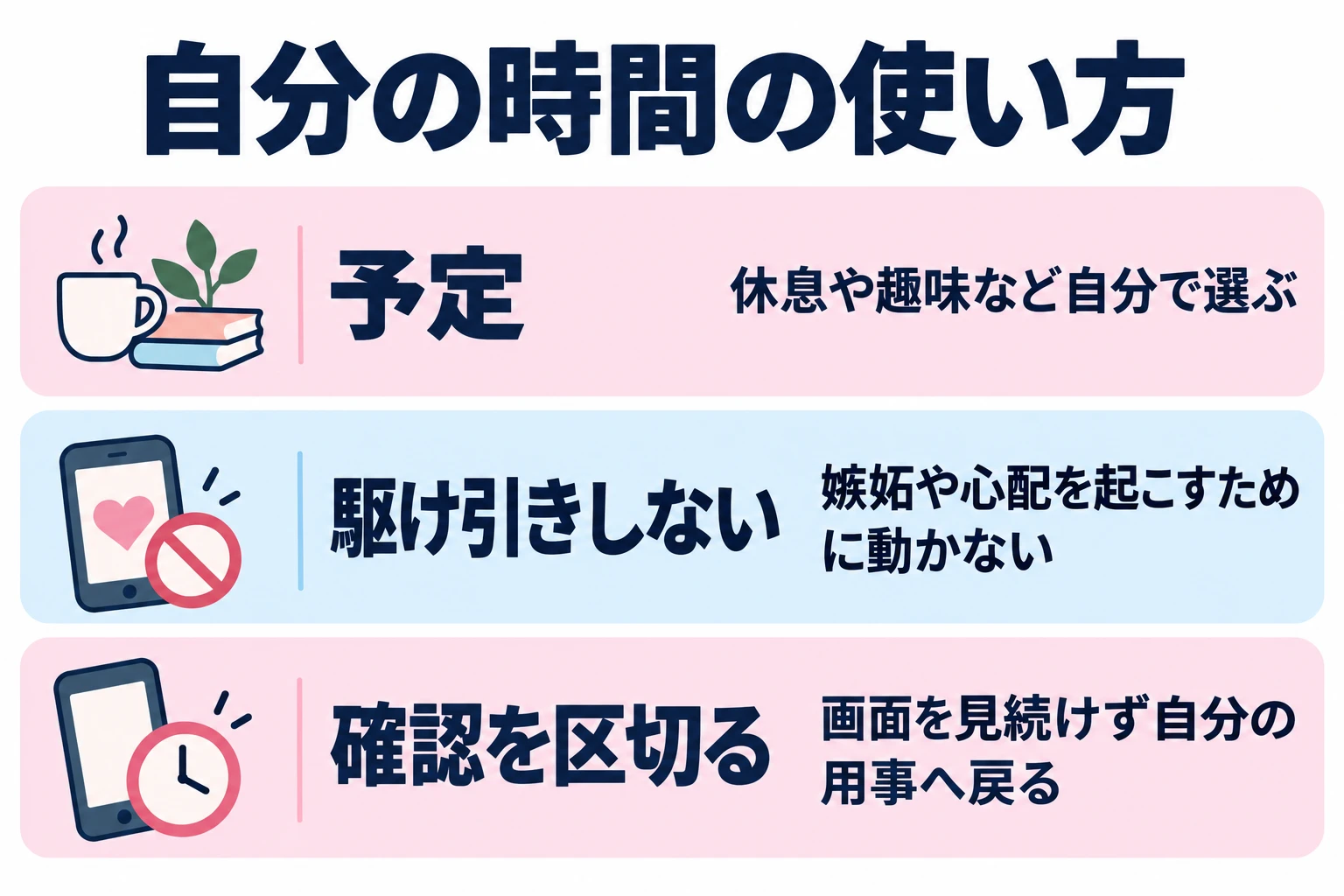 休息や趣味など自分で選ぶ。嫉妬や心配を起こすために動かない。画面を見続けず自分の用事へ戻る。