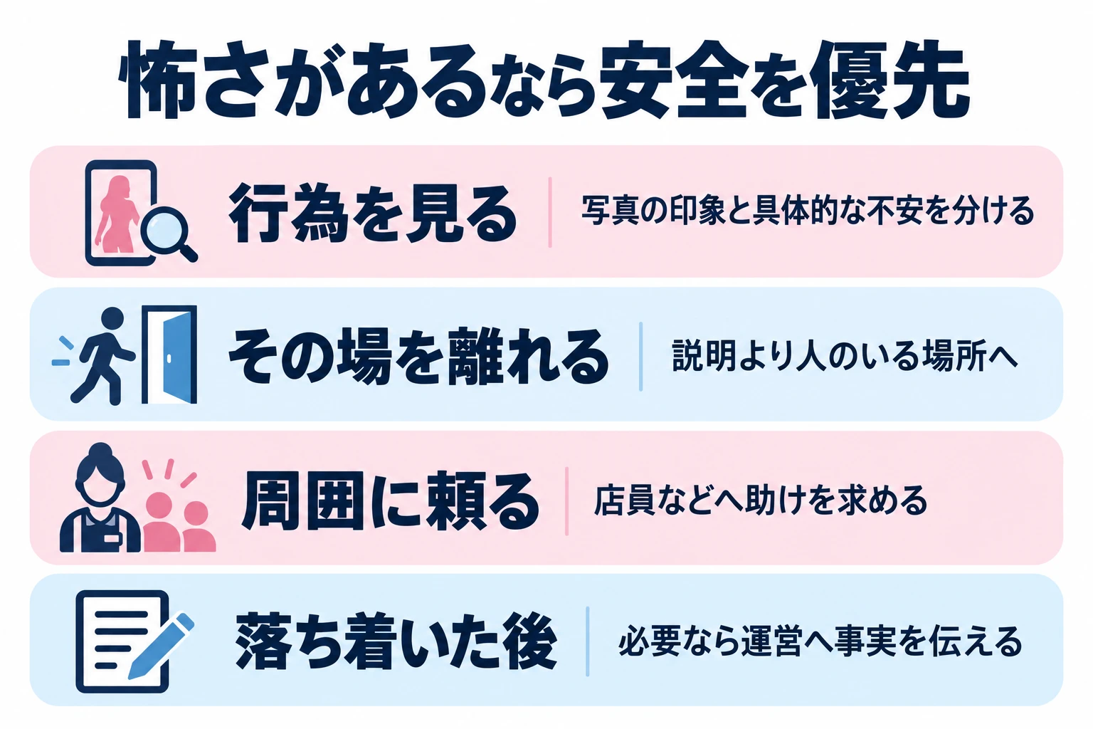 印象の差と具体的な不安を分ける。説明より人のいる場所への移動を優先できる。必要なら周囲や運営へ事実を伝える。