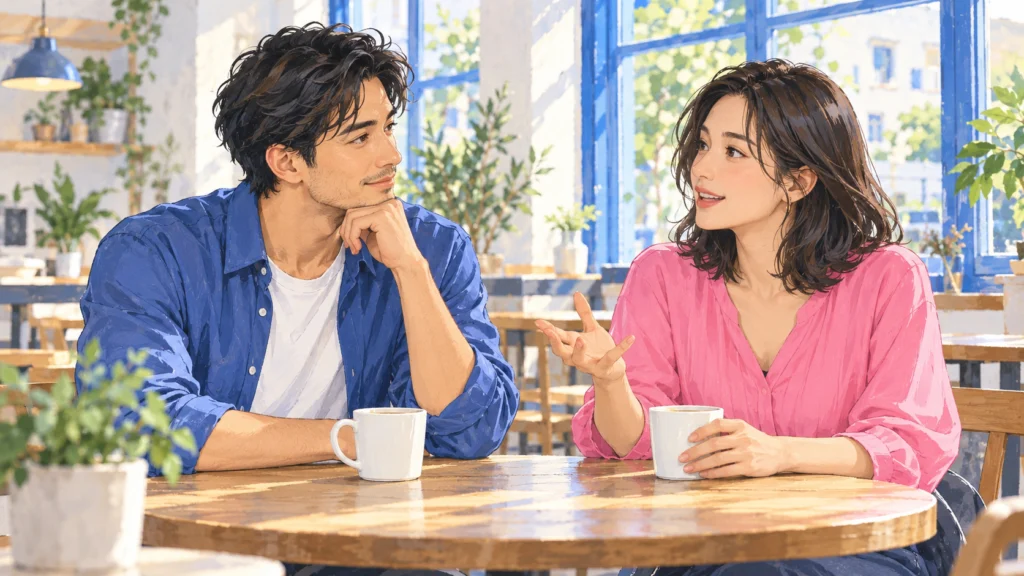 カフェで飲み物を前に、成人の女性が話し、向かいの男性が耳を傾けるイラスト