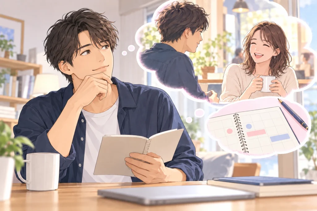 成人男性が最近の交流のメモを読み、少し離れた成人女性との穏やかな会話を思い出す。思考の吹き出しには会話と予定表。