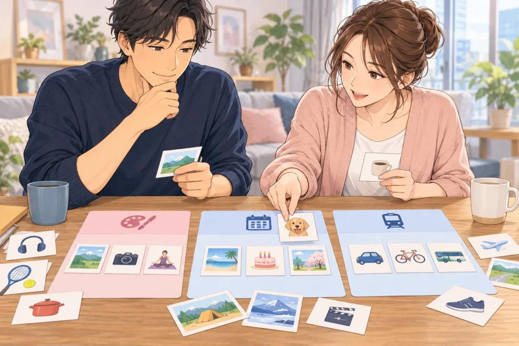 成人男性と成人女性が机の上の希望カードを三つの欄へ整理する。趣味、カレンダー、交通の小さなアイコン。