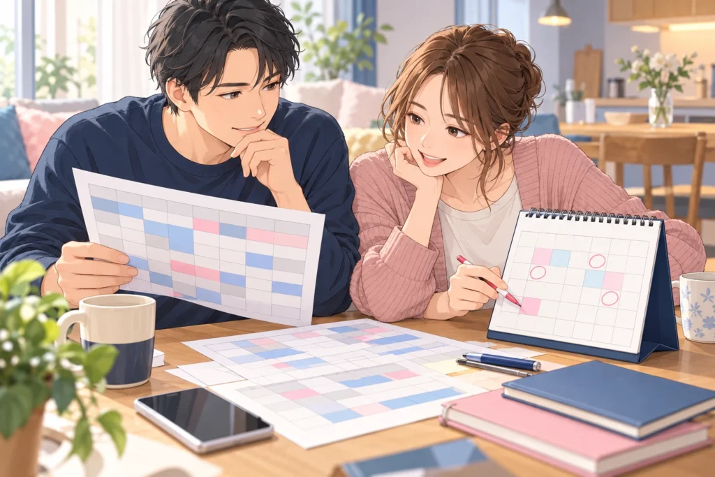 成人男性と成人女性が勤務表と卓上カレンダーを見比べる。休息の時間は淡い色で確保し、会える候補だけに印を付ける。