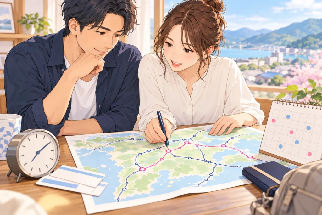 成人男性と成人女性が地方の簡略地図に駅と帰路を記入する。時計、乗車券、カレンダーを小物に使う。