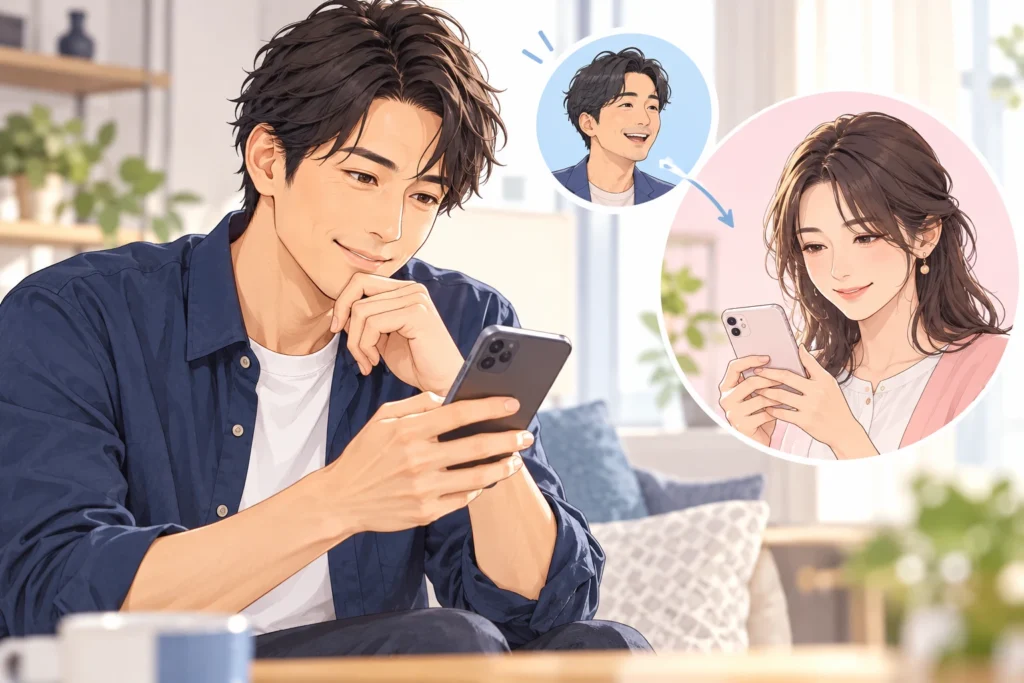 成人男性が名前と紹介の経緯を書いた短いメッセージを確認する。成人女性側のスマートフォンと、紹介者を示す小さな人物カード。