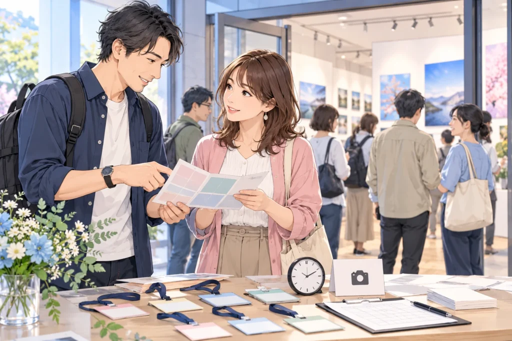 趣味の展示会の入口で成人男性と成人女性が予定を確認する。複数人の参加カード、時計、撮影確認の小さなカードを置く。