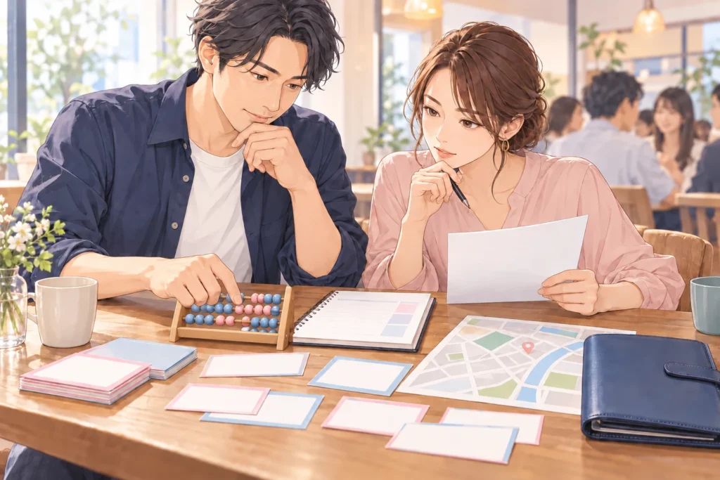 成人男性と成人女性の幹事が予約表とそろばんを確認する。参加確認のカード、店の地図、閉じた連絡先フォルダを置く。