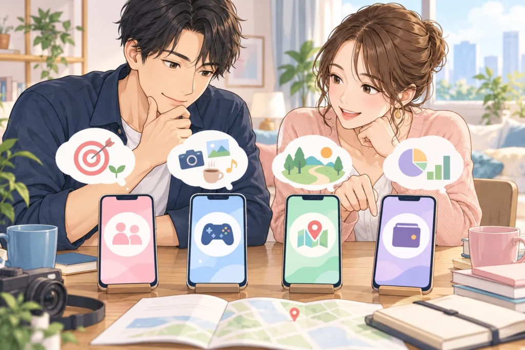 成人男性と成人女性が四つのスマートフォンカードを比較する。目的、趣味、地図、費用の小物を添え、ランキングの王冠は付けない。