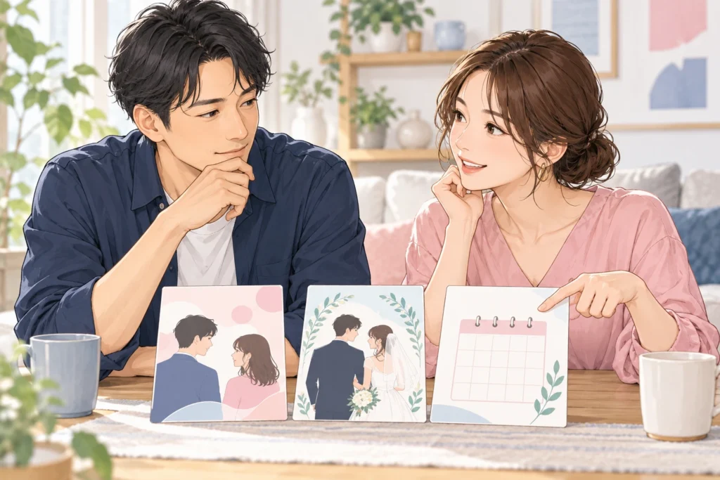 成人男性と成人女性が交際、結婚、時期の三枚のカードを見て話す。時期のカードには空欄があり、無理に埋めない構図。