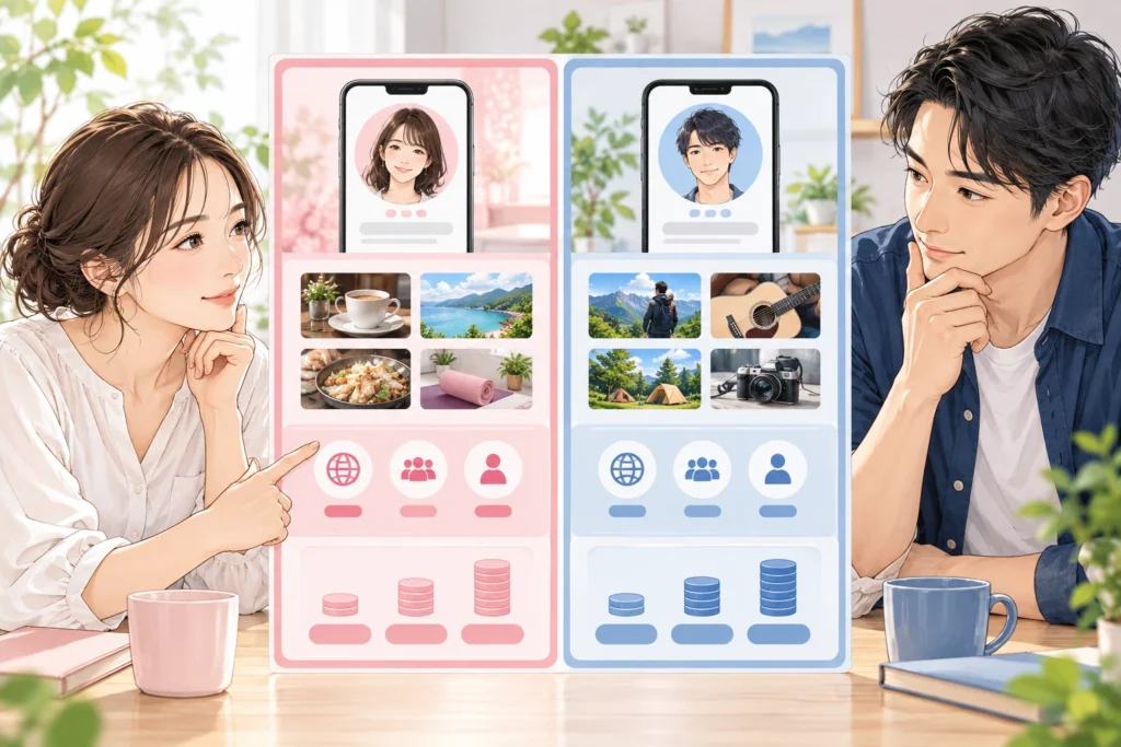 成人男性と成人女性が二列の比較シートを確認する。左右に趣味カード、公開範囲の窓、費用の欄をそろえた構図。
