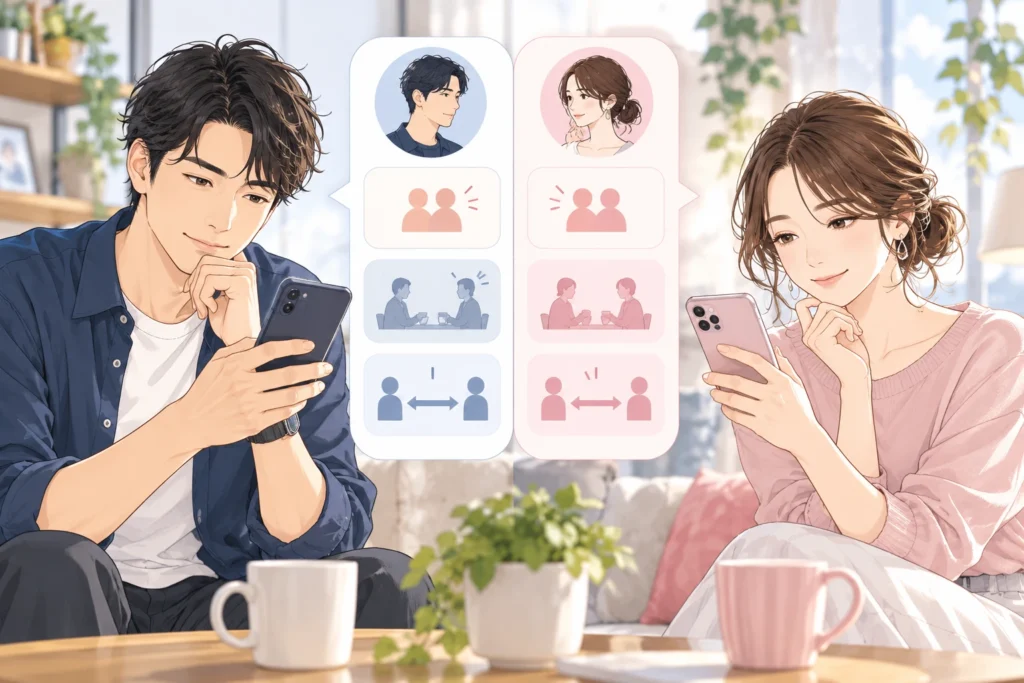 成人男性と成人女性がそれぞれ自分のスマートフォンで出会いの目的を確認する。中央に二人の希望を並べる会話カード。