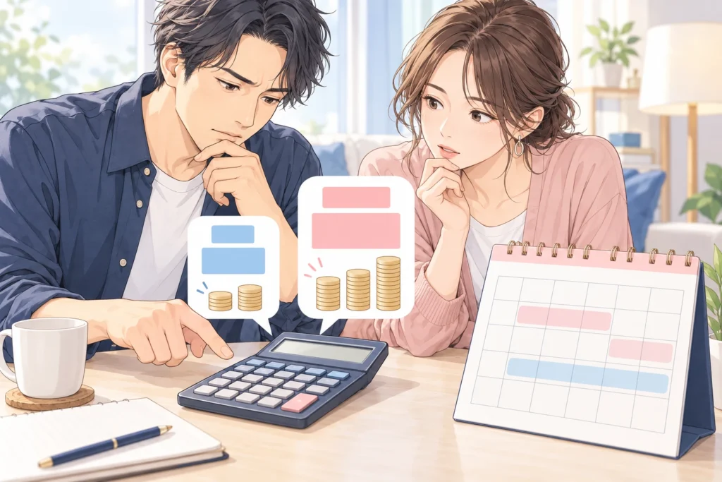 成人男性と成人女性が一か月と三か月の料金カードを電卓で比較する。大きく見える支払総額と、別枠の更新カレンダー。