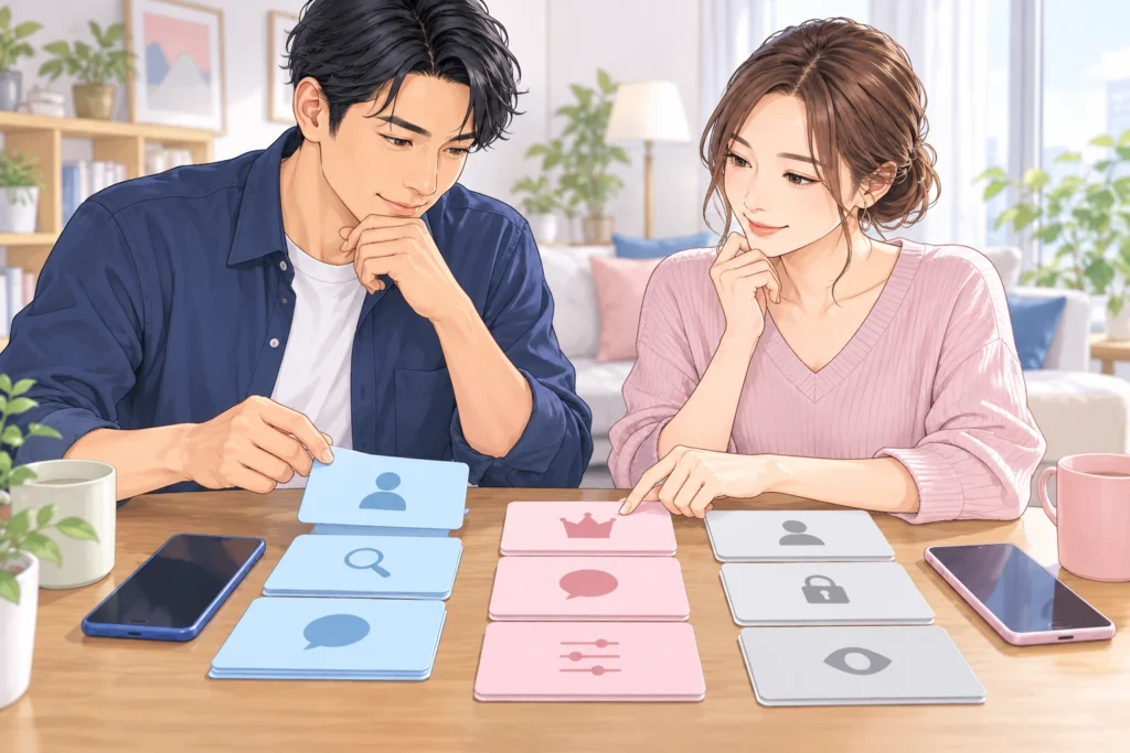 成人男性と成人女性が登録からメッセージまでのカードを並べる。無料、有料、未確認を色で分け、スマートフォンを手元に置く。