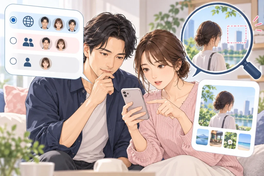 成人男性と成人女性がプロフィールの公開先を示す小さな窓を確認する。見える相手を残した図と、写真の背景確認用の虫眼鏡。