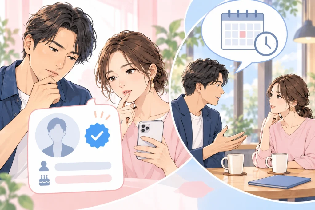 成人男性と成人女性が確認バッジの説明カードを読む。確認された年齢と、別に相談する面会予定を分けたイラスト。