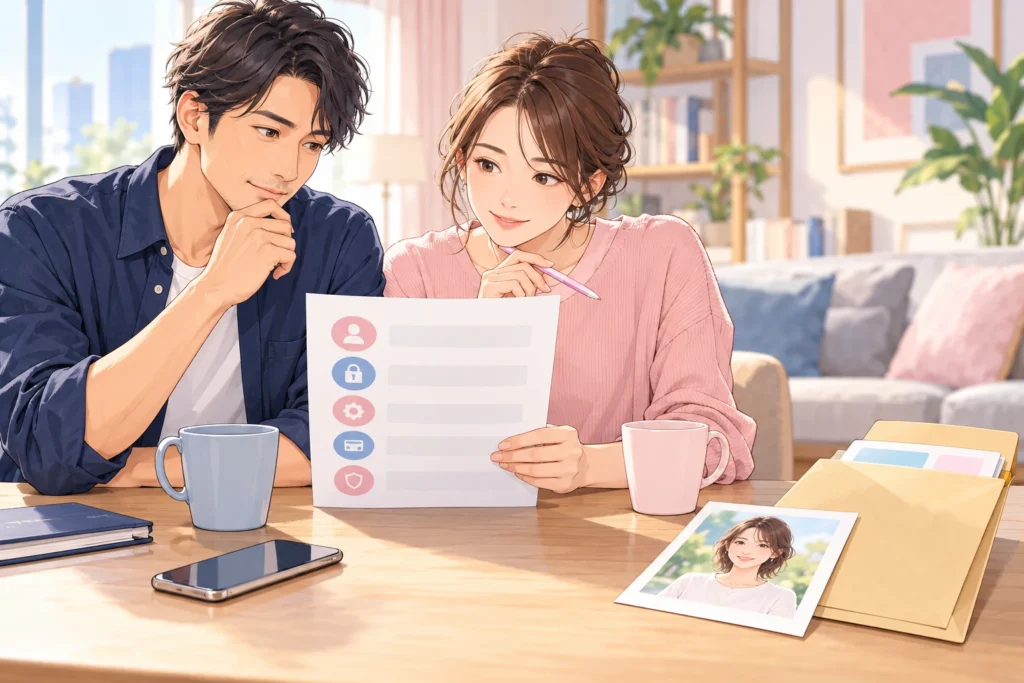成人男性と成人女性が登録前の五項目を確認する。公開用写真と封筒に入った確認書類を別の場所に置き、実在の証明書情報は描かない。