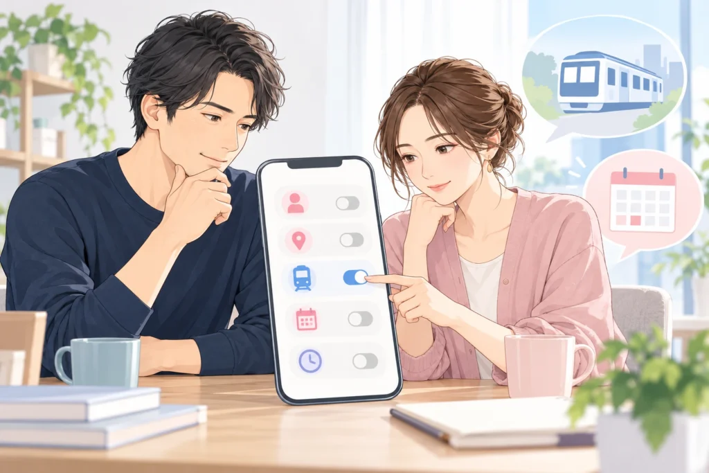 成人男性と成人女性が検索条件のカードを見直す。一つだけスイッチを変え、残す生活条件はそのままのスマートフォン画面。