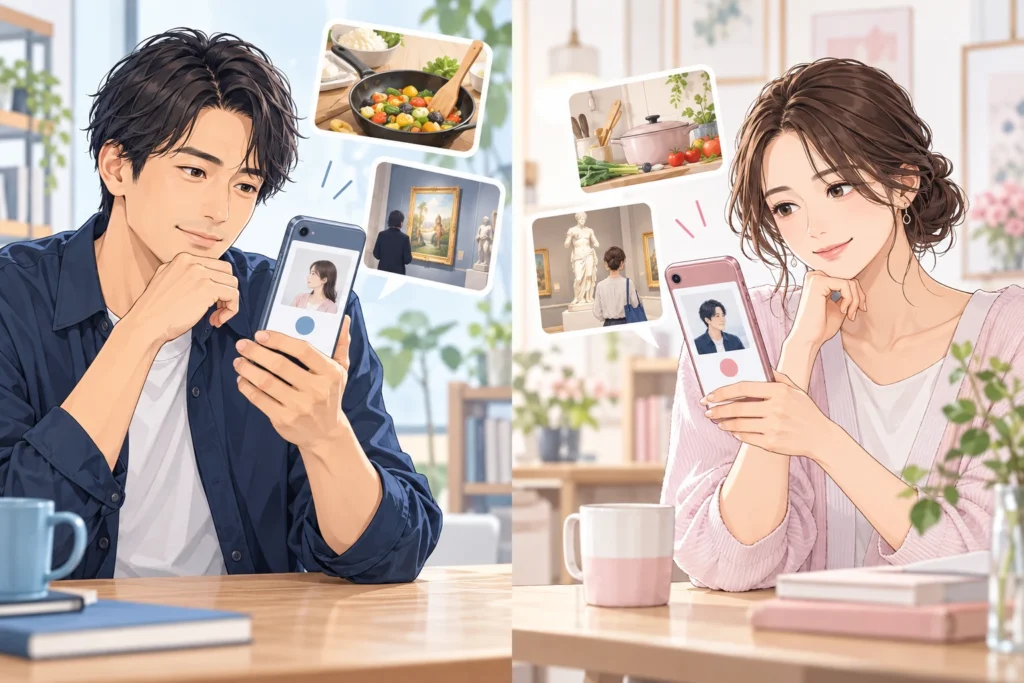 成人男性と成人女性がそれぞれスマートフォンのプロフィールと趣味の話題を確認し、反応を送る前に考える。