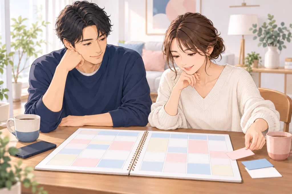 成人男性と成人女性が複数の会話カードではなく一週間の予定表を見直す。休む時間を残し、新しい予定カードを横へ置く。