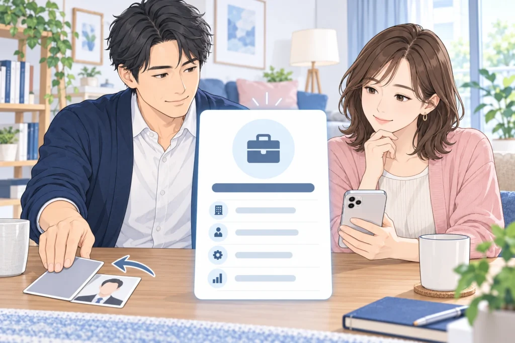 成人男性と成人女性が仕事紹介カードを見て、職種の欄を残し、会社名入り名札の写真を脇へ移している。