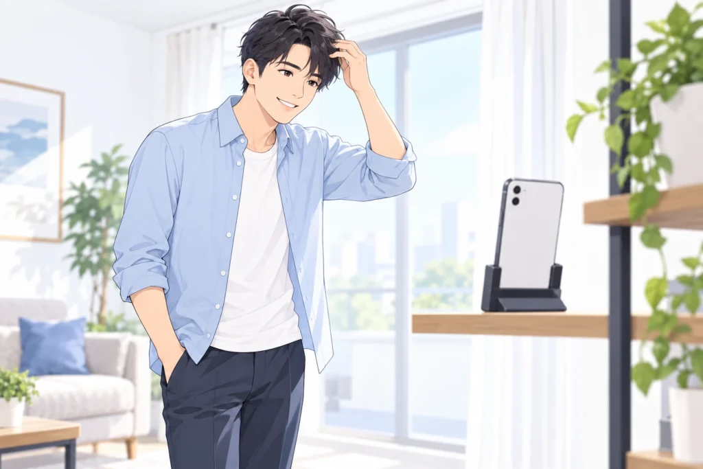 明るい部屋でスマートフォンを安定したスタンドに置き、プロフィール写真を撮る成人男性。