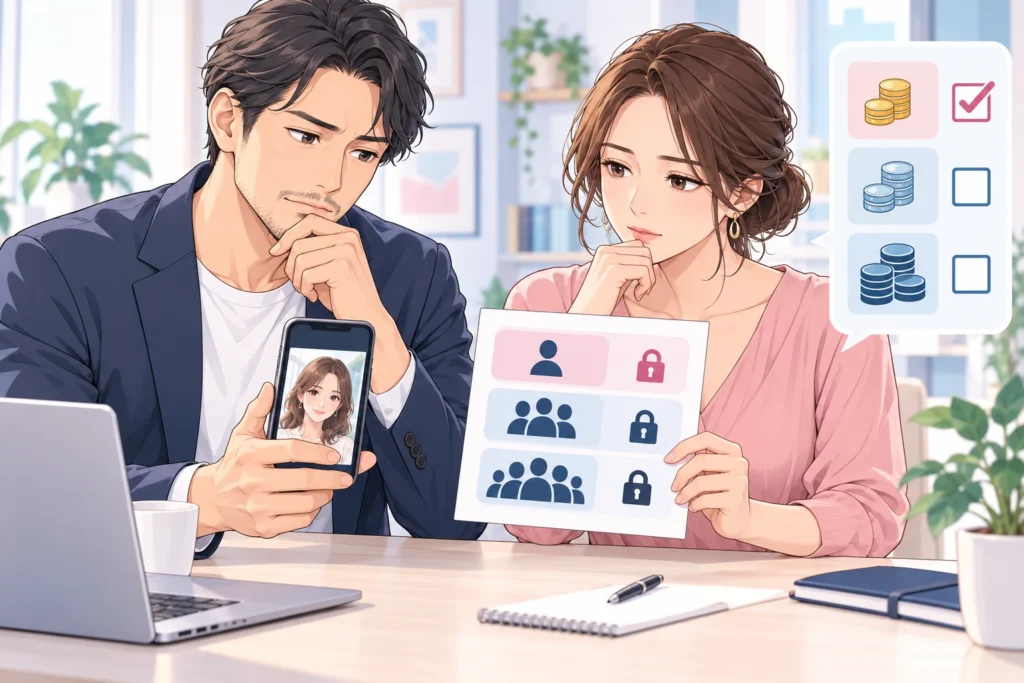 成人男性と成人女性が写真の入ったスマートフォンと公開先を示すカードを見比べ、横に小さな料金確認メモを置いている。