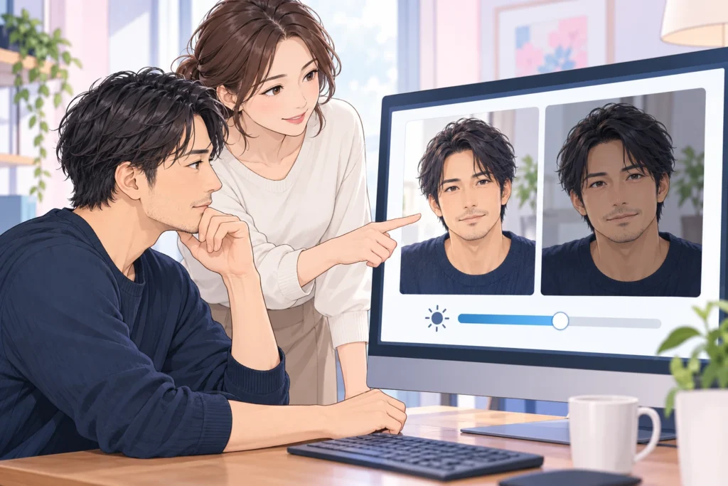成人男性が明るさだけを調整した写真を元画像と並べ、成人女性が比較用の二つの枠を指している。