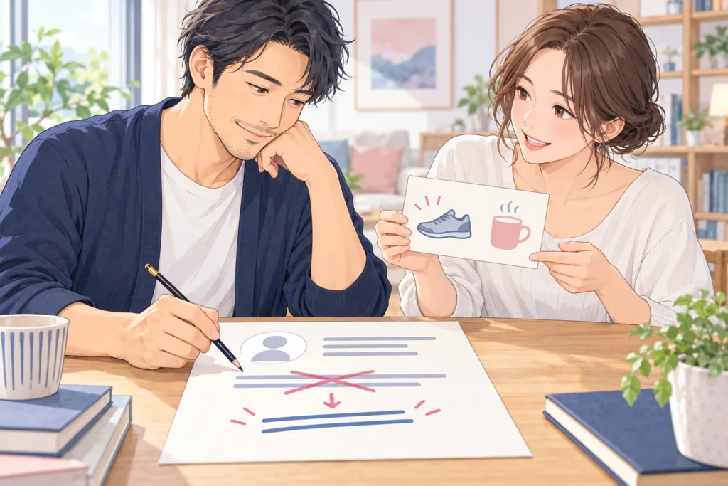 成人男性が自己紹介の一文を消して具体的な休日の説明を書き、成人女性の案内役が生活メモを差し出している。