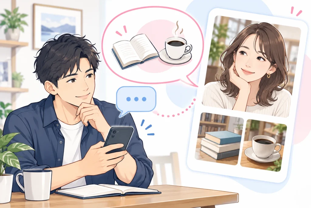相手の公開プロフィールにある本やコーヒーの話題を見て、最初のメッセージを考える成人男性。