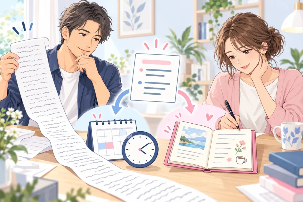 成人男性と成人女性が長いメッセージを予定のカードと後で話すメモへ分け、短い下書きを中央に置いている。
