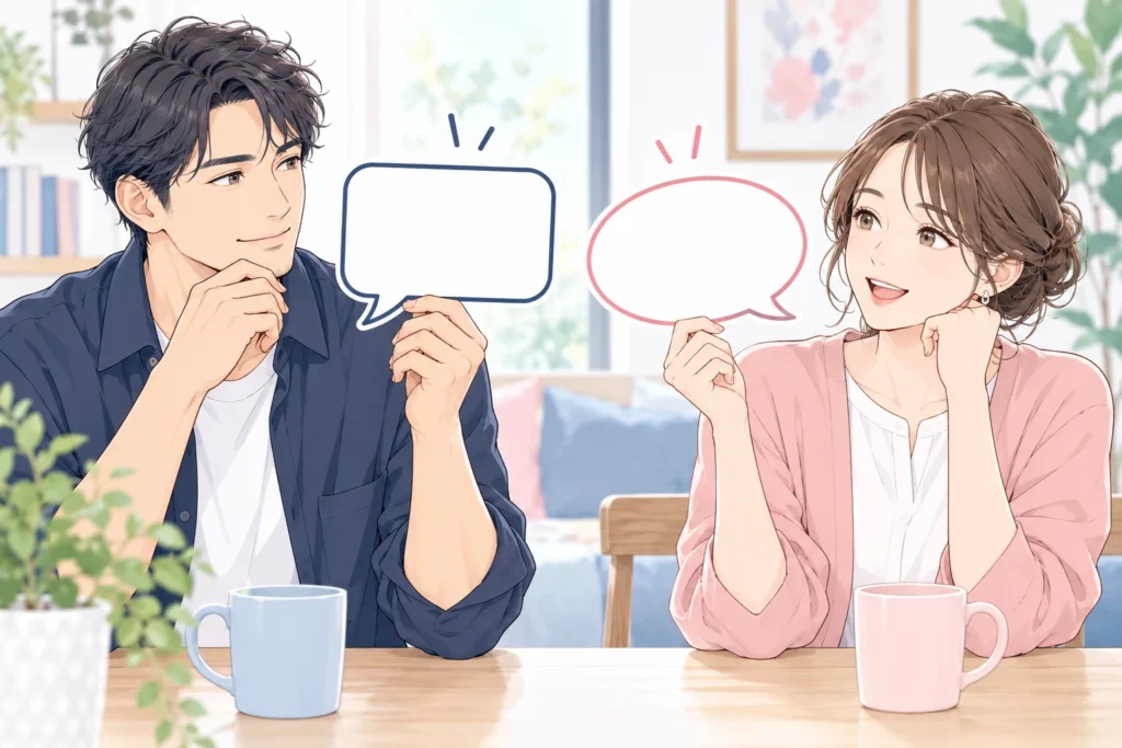 成人男性と成人女性が丁寧な吹き出しとくだけた吹き出しを見比べ、二人それぞれが使いたい方を選んでいる。