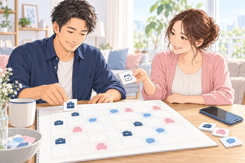 成人男性が仕事、休息、返信の時間帯をカレンダーへ分け、成人女性が予定確認の小さなカードを渡している。