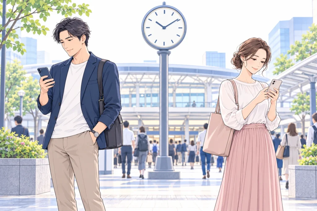 駅前の時計を背景に成人男性と成人女性がそれぞれアプリ内の集合メモを確認している。