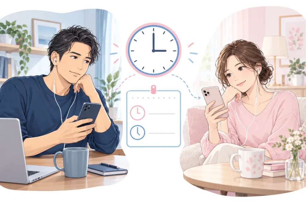 成人男性と成人女性がそれぞれイヤホンを使い、間に開始時刻と終了目安の示す小さな時計メモがある。