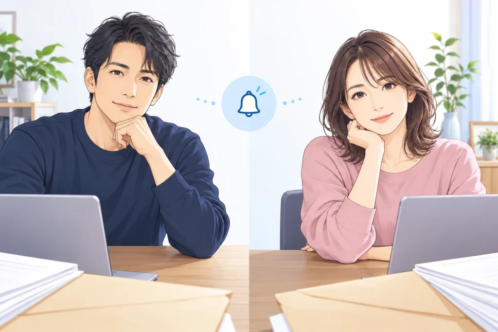 成人男性と成人女性が別々の机でノートパソコンを確認し、手前に書類と封筒、中央に通知のアイコンが描かれている。