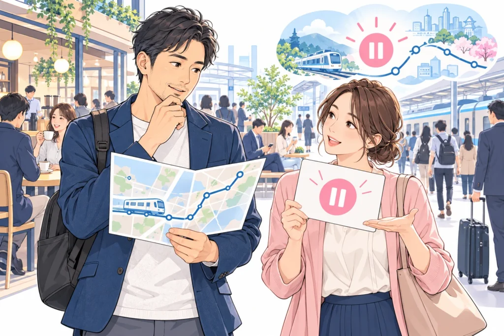 成人男性が人のいる駅前カフェと帰りの電車の予定を確認し、成人女性の案内役が延期も選べる予定カードを示している。