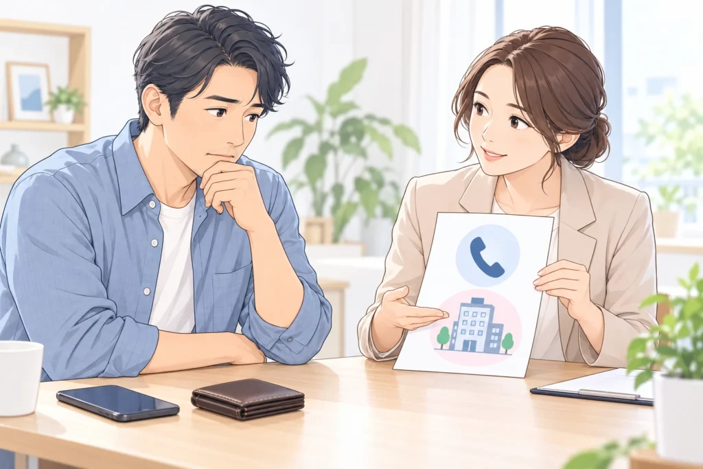 成人男性が投資勧誘の届いたスマートフォンを置き、成人女性の案内役と公式の相談案内を確認している。