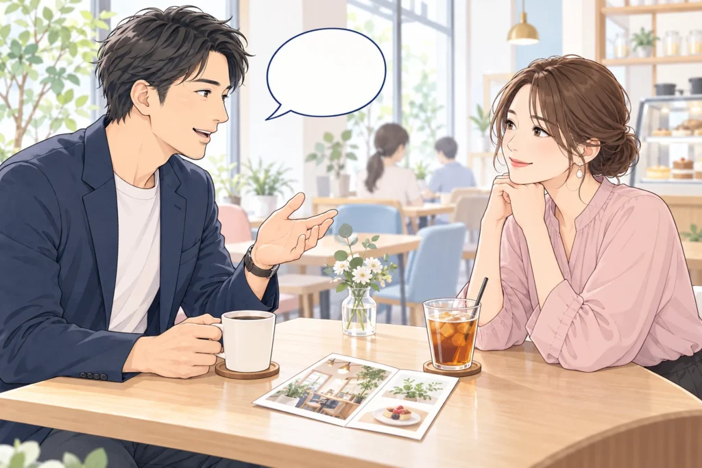 成人男性が店を選んでくれた成人女性へお礼を伝え、テーブルにカフェの案内と短い吹き出しがある。