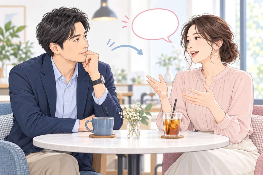 成人男性が話す手を止め、成人女性へ会話の吹き出しを戻している。テーブルには二つの飲み物がある。