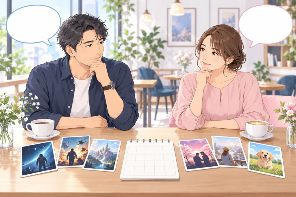 成人男性と成人女性が映画の好みのカードと今日の予定カードを別に置き、それぞれの希望を落ち着いて話している。