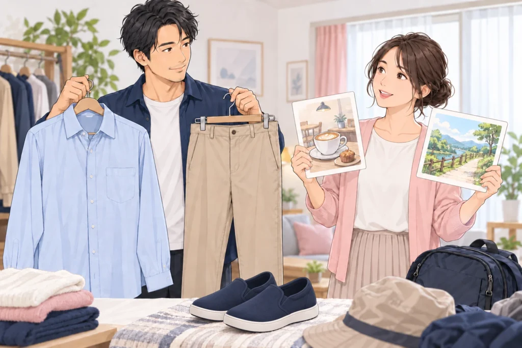 成人男性が手持ちの上下と歩き慣れた靴を合わせ、成人女性の案内役がカフェと散歩の予定カードを示している。