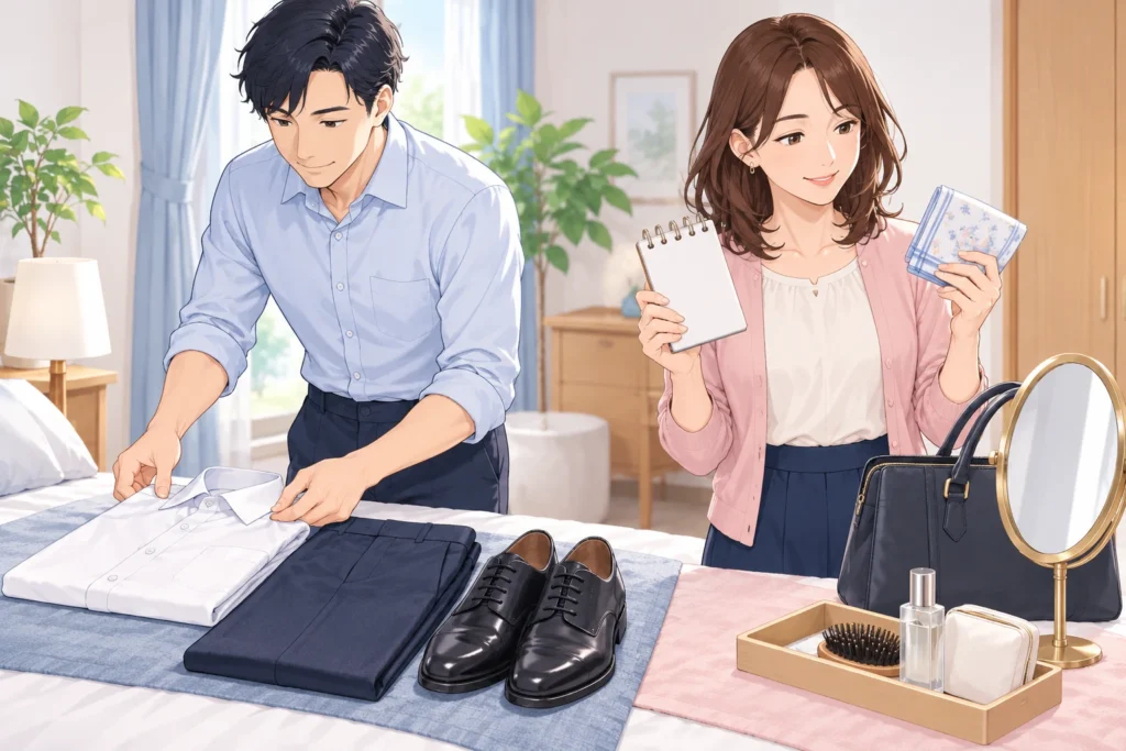 成人男性が前日の服と靴を並べ、成人女性の案内役が出発前の短い確認メモとハンカチを示している。