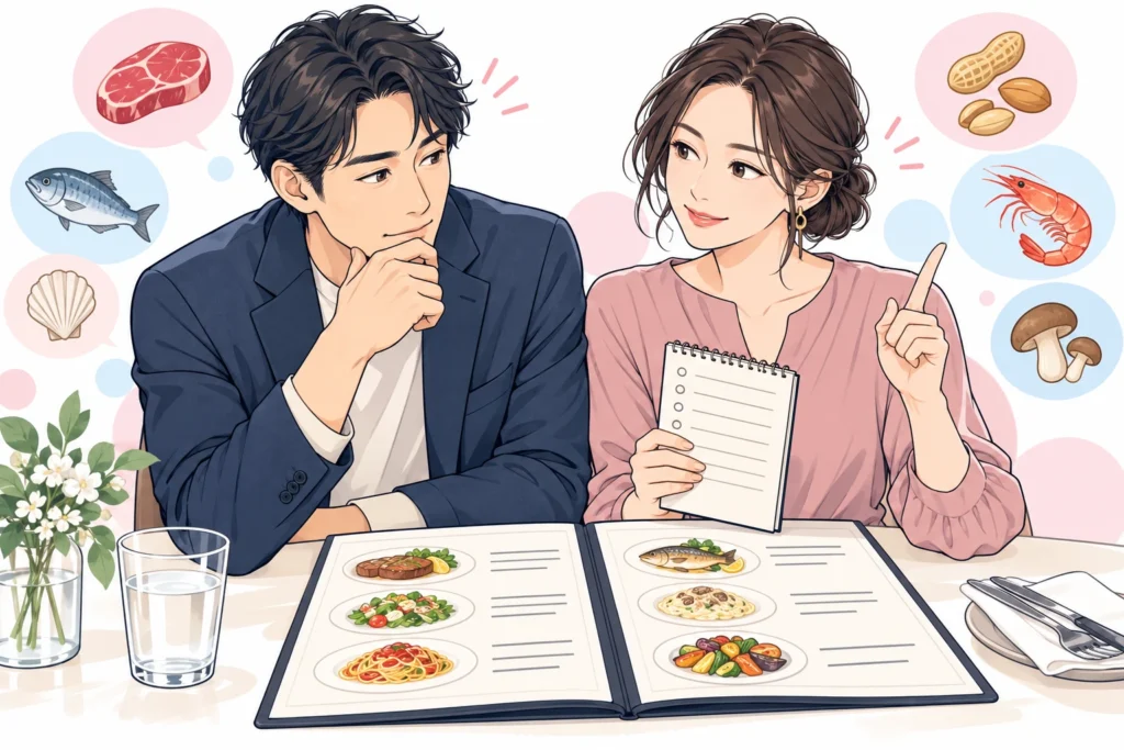 食材のメモとレストランのメニューを見ながら相談する成人男性と成人女性。