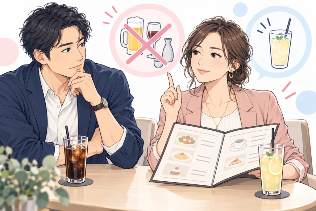 ソフトドリンク二杯とカフェのメニューを見ながら相談する成人男性と成人女性。
