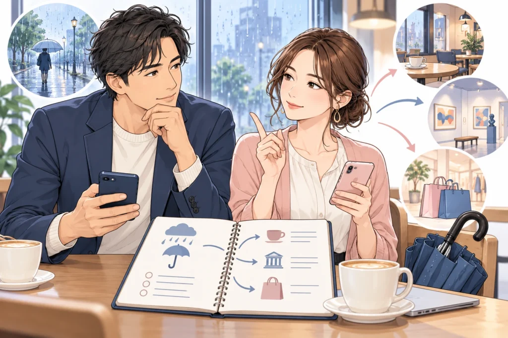 雨の窓、傘、屋内カフェと延期の予定メモを見ながら相談する成人男性と成人女性。