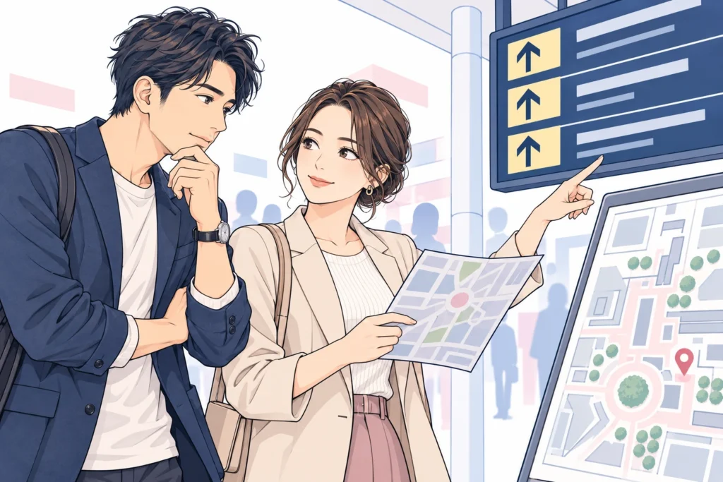 駅の出口案内板と待ち合わせ場所の地図を見ながら相談する成人男性と成人女性。