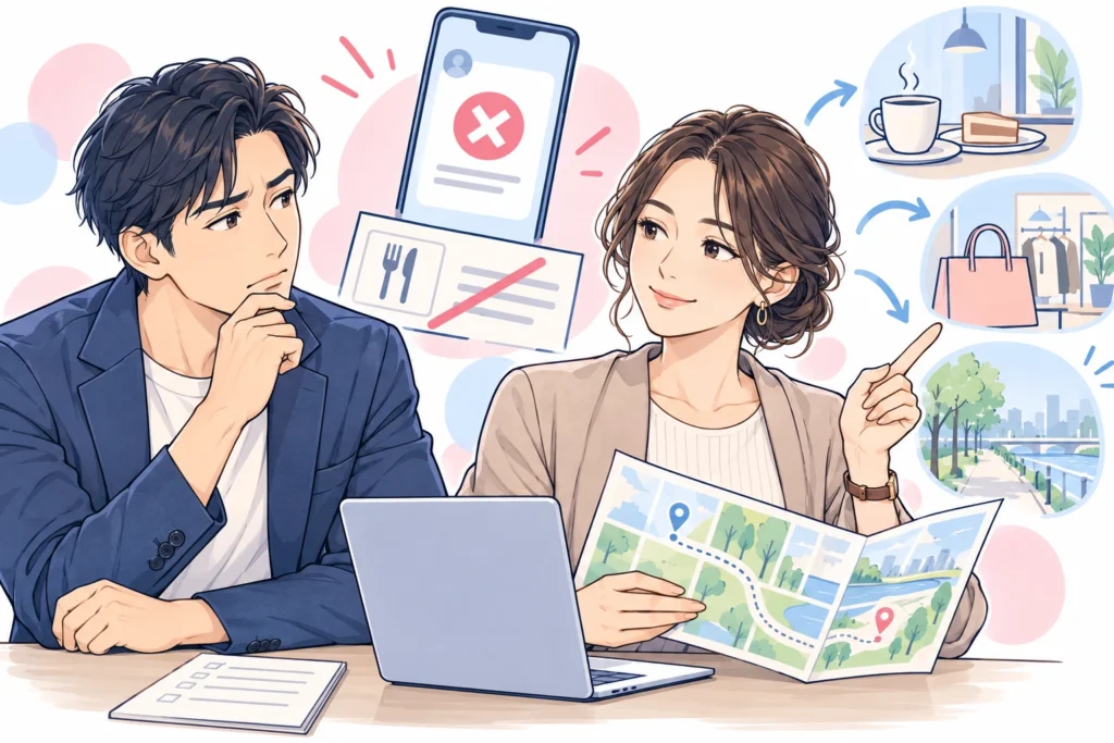 中止のメッセージ、予約票、帰り道の案内を見ながら相談する成人男性と成人女性。