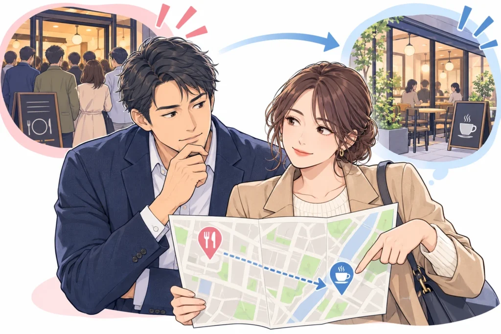 満席の店の入口と近くのカフェを示す地図を見ながら相談する成人男性と成人女性。